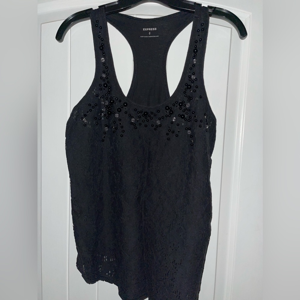 Express. Black racer tank with embellishment